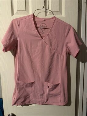 #131 Crush Pink Crossover V Neck Medical Scrub Top Zip Pocket Size S
